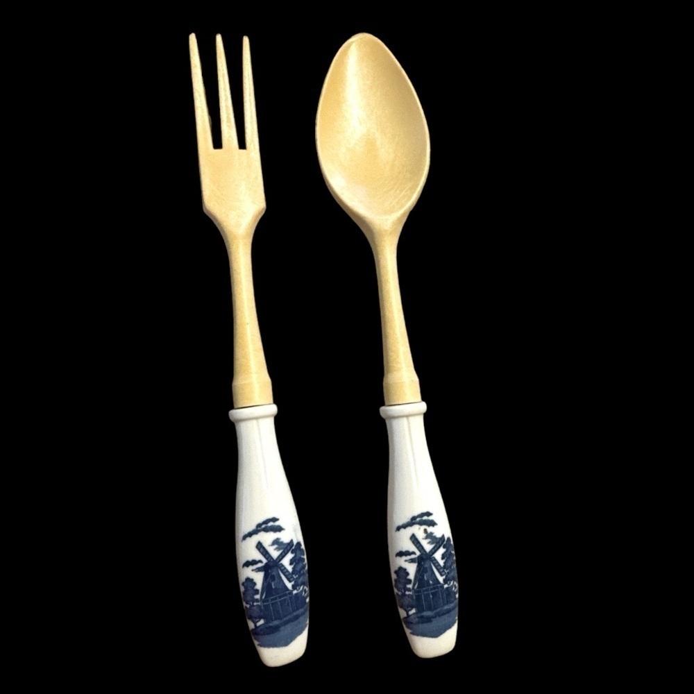 Rare Find! Vintage Blue Holland salad‎ serving  fork and spoon